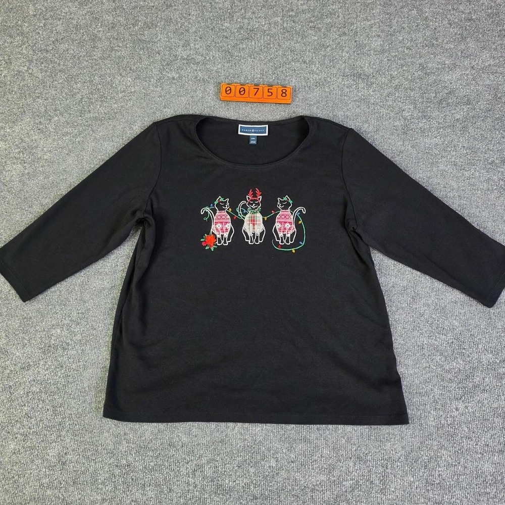 Karen Scott Christmas Cat 3/4 Sleeve with three cats wearing holiday sweaters